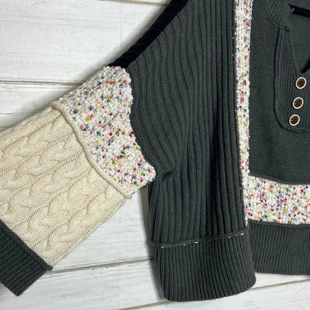 Mello Patchwork Sweater Colorblock Knit Henley Boho Size Small